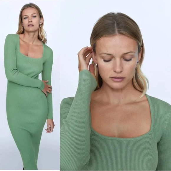 Zara Knit Long Sleeve Midi Dress Green Size Medium - Picture 1 of 8